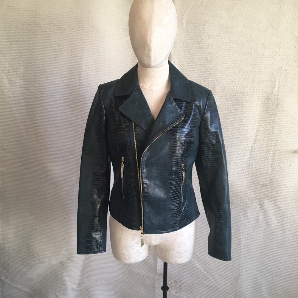 Elie Tahari Green Snake Print Leather Moto Jacket - Picture 5 of 8